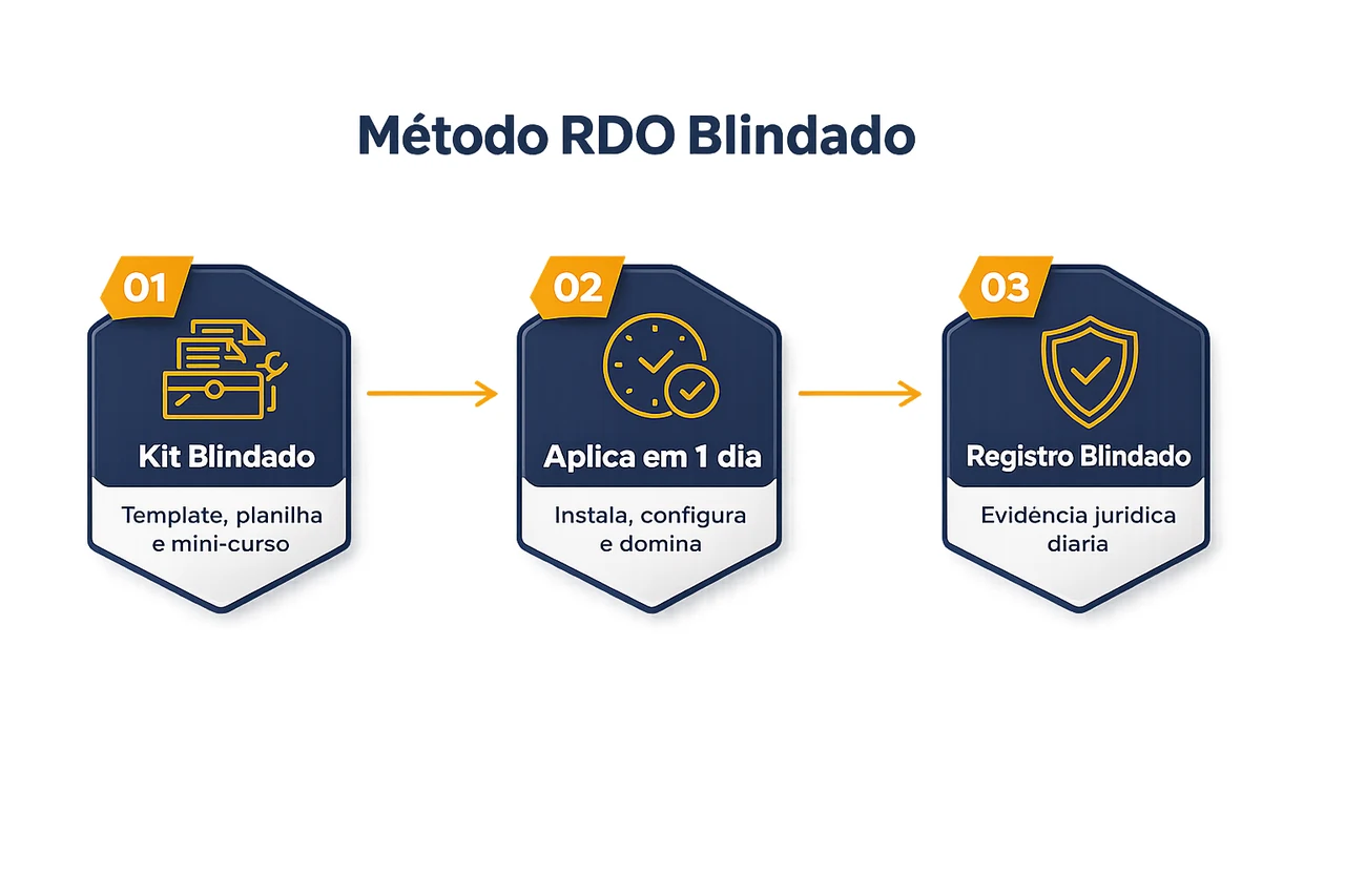 Diagrama dos três eixos do Método RDO Blindado: registrar, cobrar e proteger