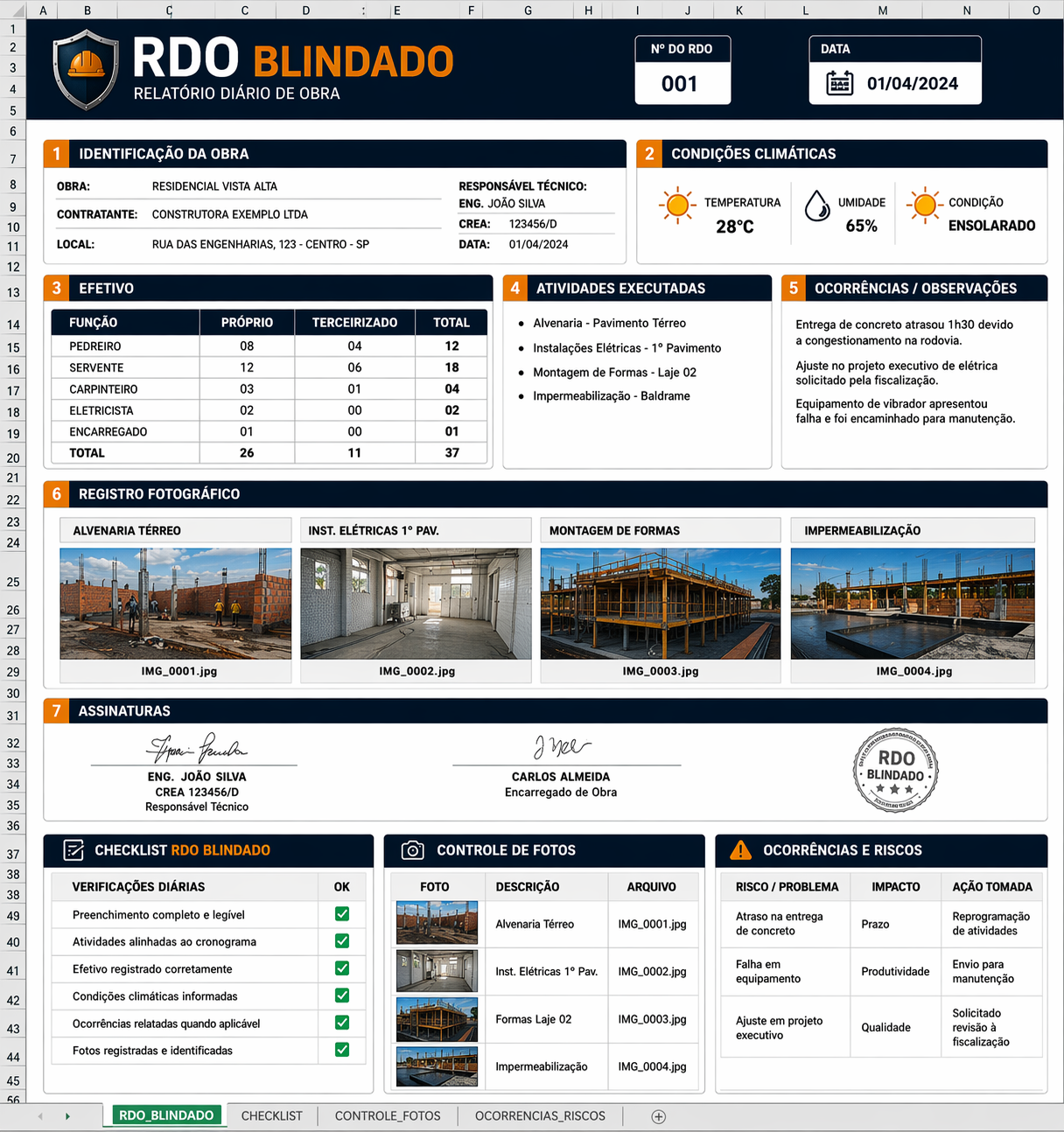 Planilha de Registro de Evidências, abas RDO, Checklist, Controle de Fotos e Ocorrências